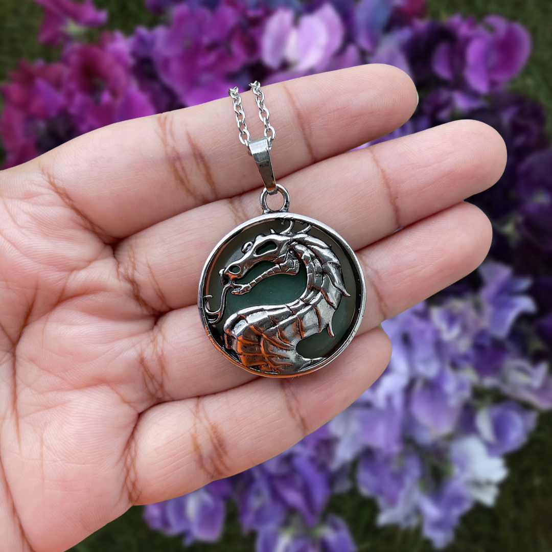 Green Aventurine Dragon Head Round Pendant Necklace