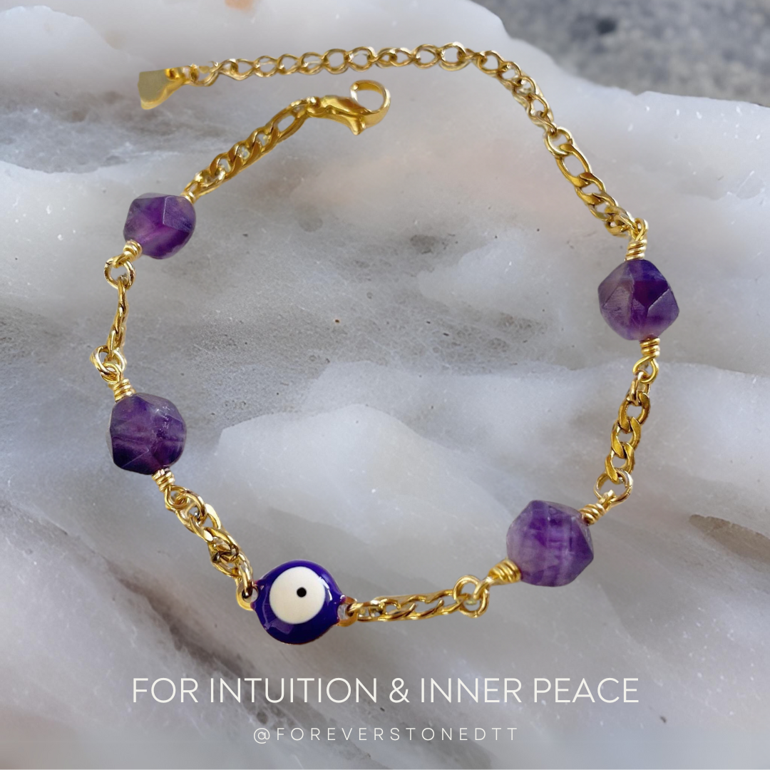Purple Eye Evil and Amethyst Stainless Steel Bracelet