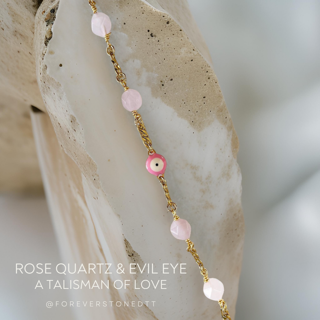 Pink Eye Evil and Rose Quartz Stainless Steel Bracelet