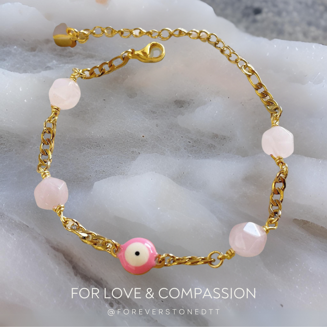 Pink Eye Evil and Rose Quartz Stainless Steel Bracelet