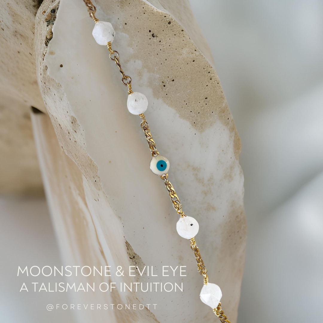 White Eye Evil and Moonstone Stainless Steel Bracelet