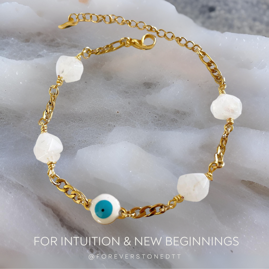 White Eye Evil and Moonstone Stainless Steel Bracelet