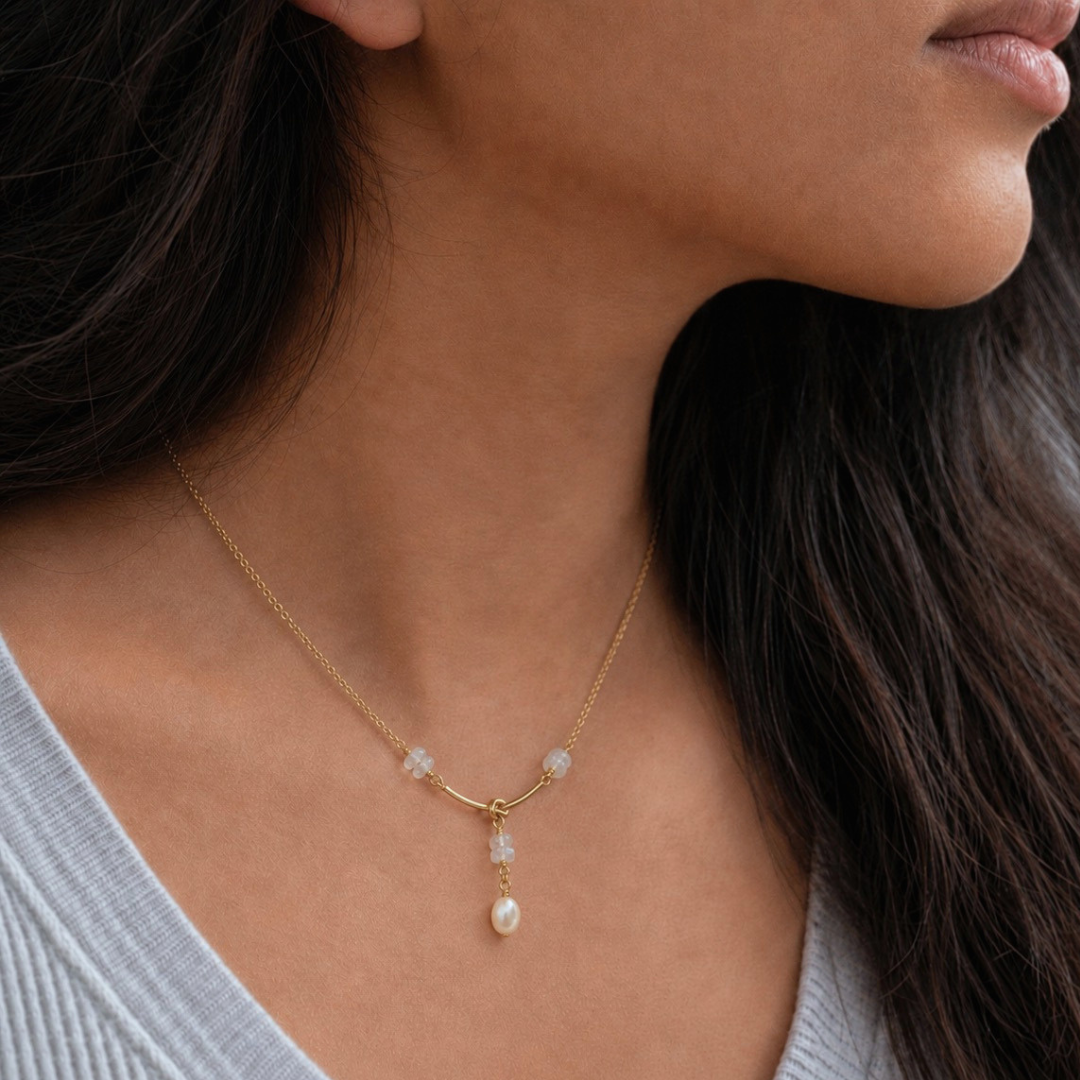 Moonstone & Pearl Lariat Pendant Necklace – June Birthstone