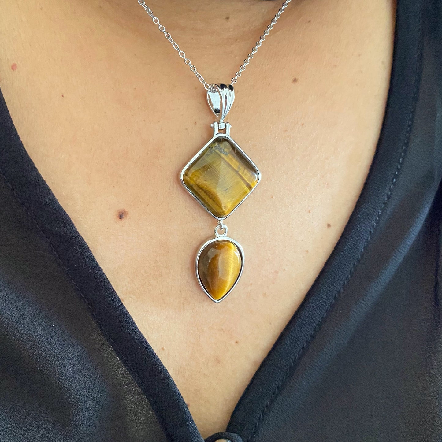 Tiger's Eye Large Geometric Pendant Necklace