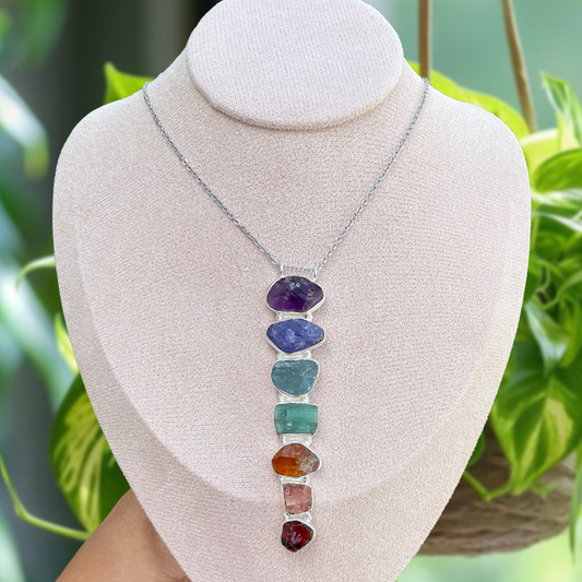 Large 7 Chakra Sterling Silver Gemstone Pendant