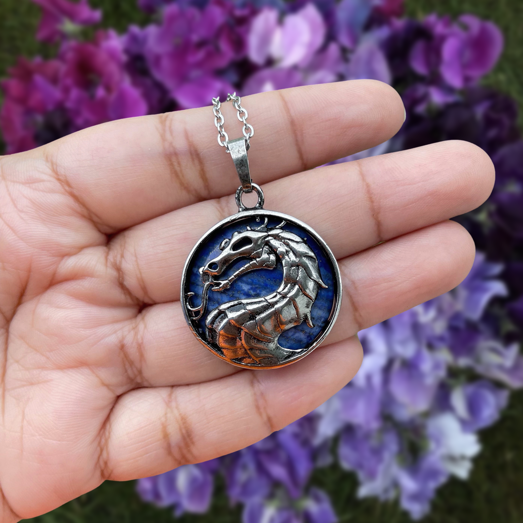 Lapis Lazuli Dragon Head Round Pendant Necklace