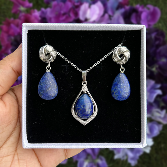 Lapis Lazuli Teardrop Pendant Necklace & Earrings Set