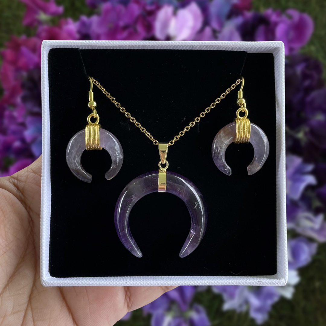 Amethyst Crescent Moon Pendant Necklace & Earrings Set