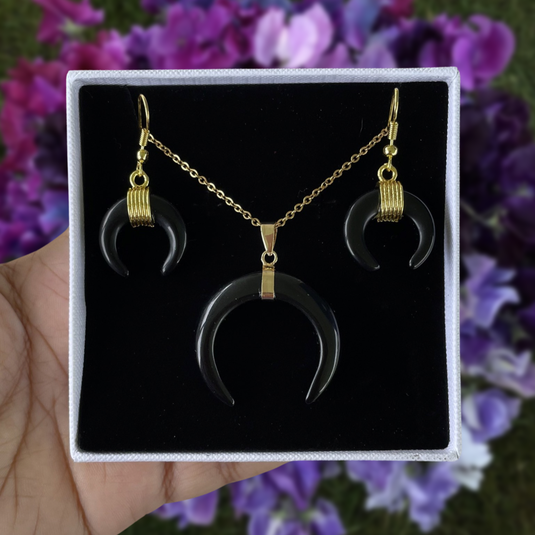 Black Onyx Crescent Moon Pendant Necklace & Earrings Set
