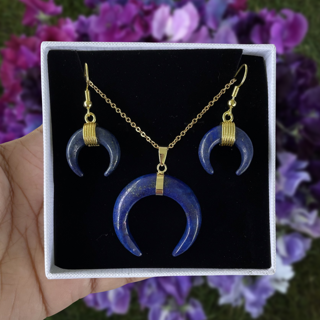 Lapis Lazuli Crescent Moon Pendant Necklace & Earrings Set