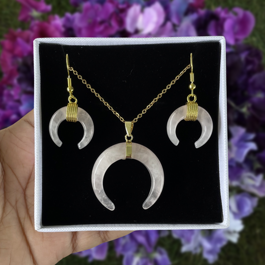 Rose Quartz Crescent Moon Pendant Necklace & Earrings Set