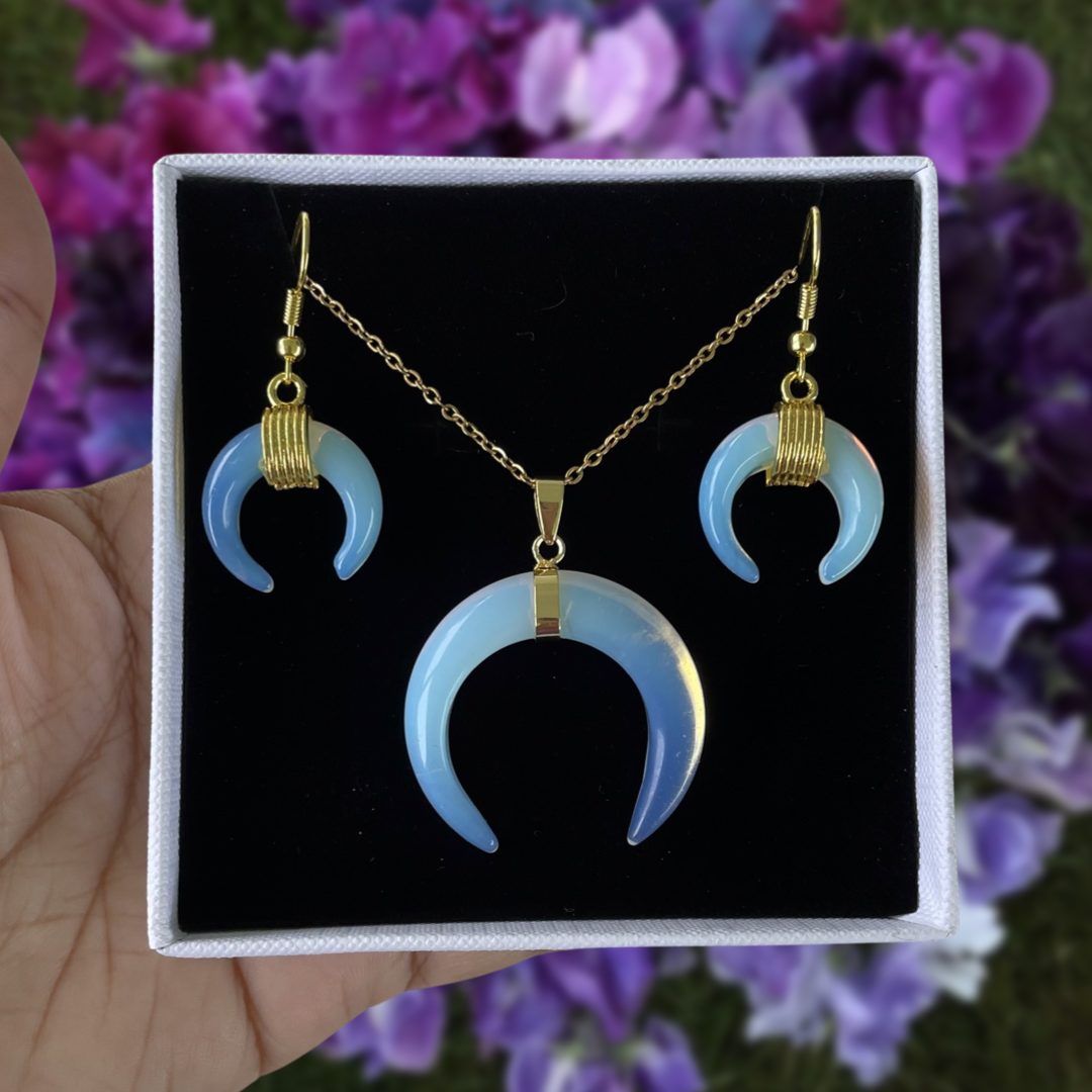 Opalite Crescent Moon Pendant Necklace & Earrings Set