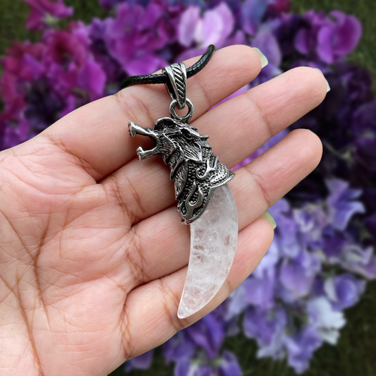 Clear Quartz Wolf Fang Pendant Necklace