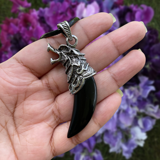 Obsidian Wolf Fang Pendant Necklace