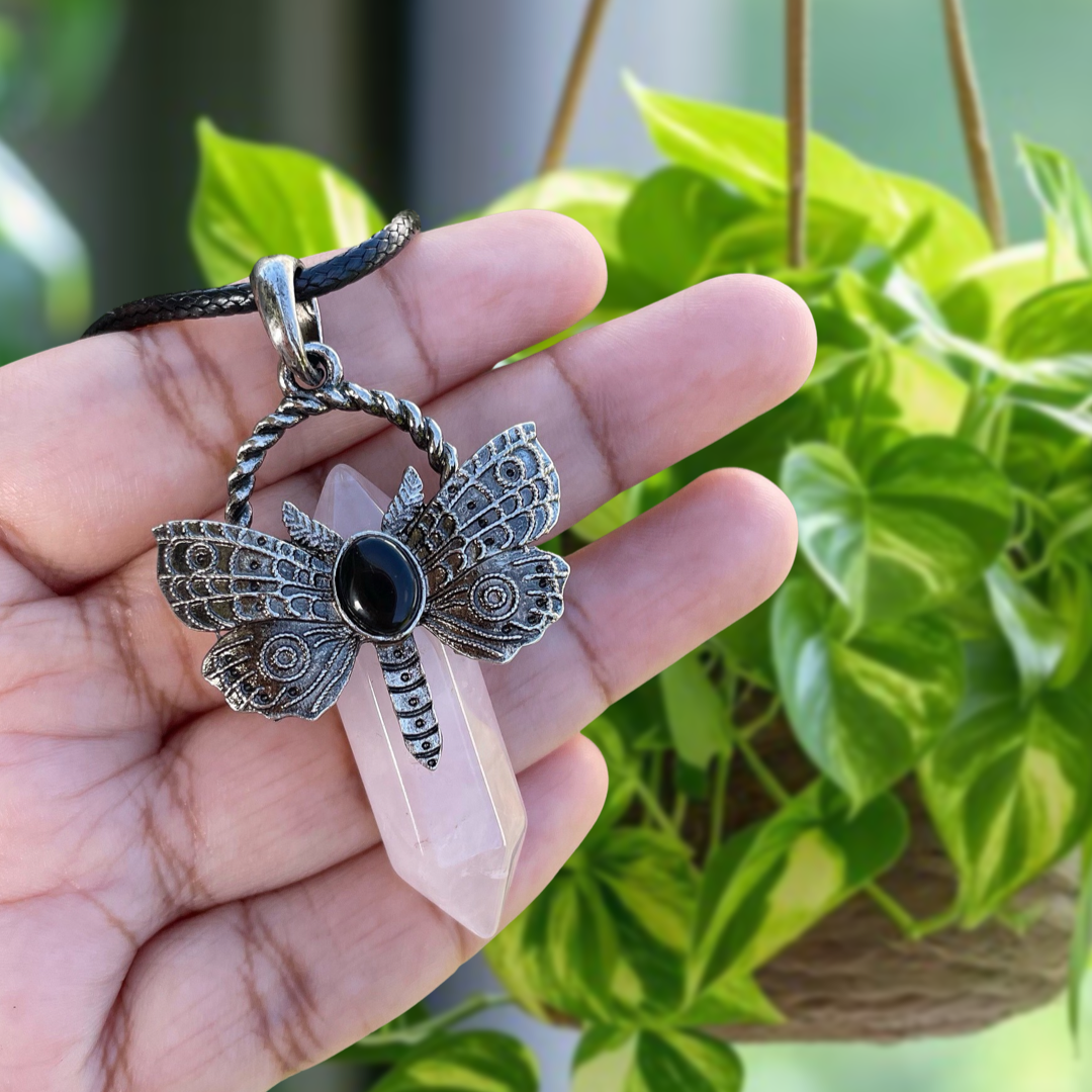 Rose Quartz Bullet Butterfly Pendant Necklace