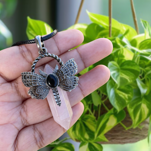 Rose Quartz Bullet Butterfly Pendant Necklace