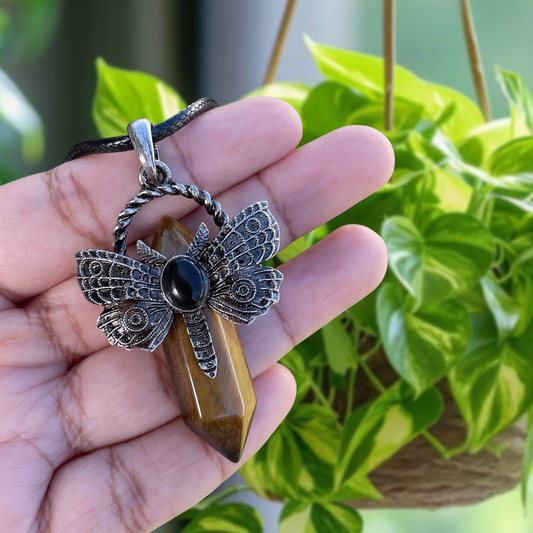 Tiger's Eye Bullet Butterfly Pendant Necklace