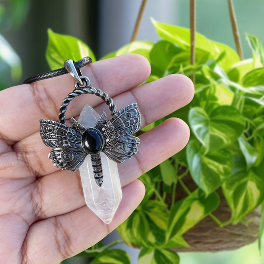 Clear Quartz Bullet Butterfly Pendant Necklace