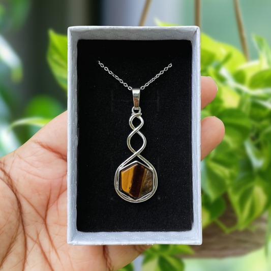 Tiger's Eye Hexagon Twist Pendant Necklace