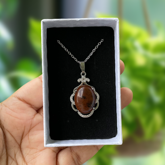 Mahogany Obsidian Oval Floral Pendant Necklace
