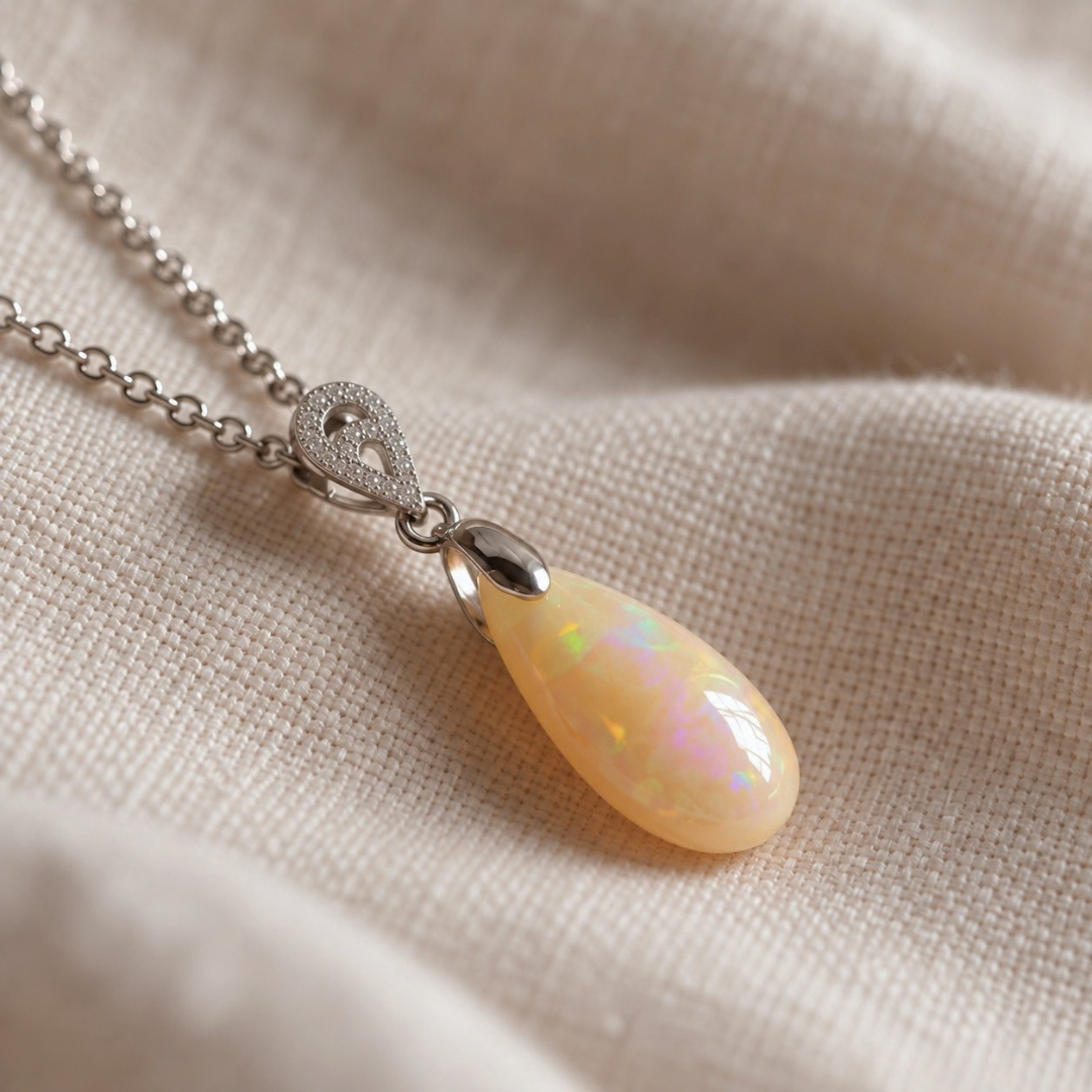 Close-up of natural Ethiopian Opal pendant showing play-of-colour
