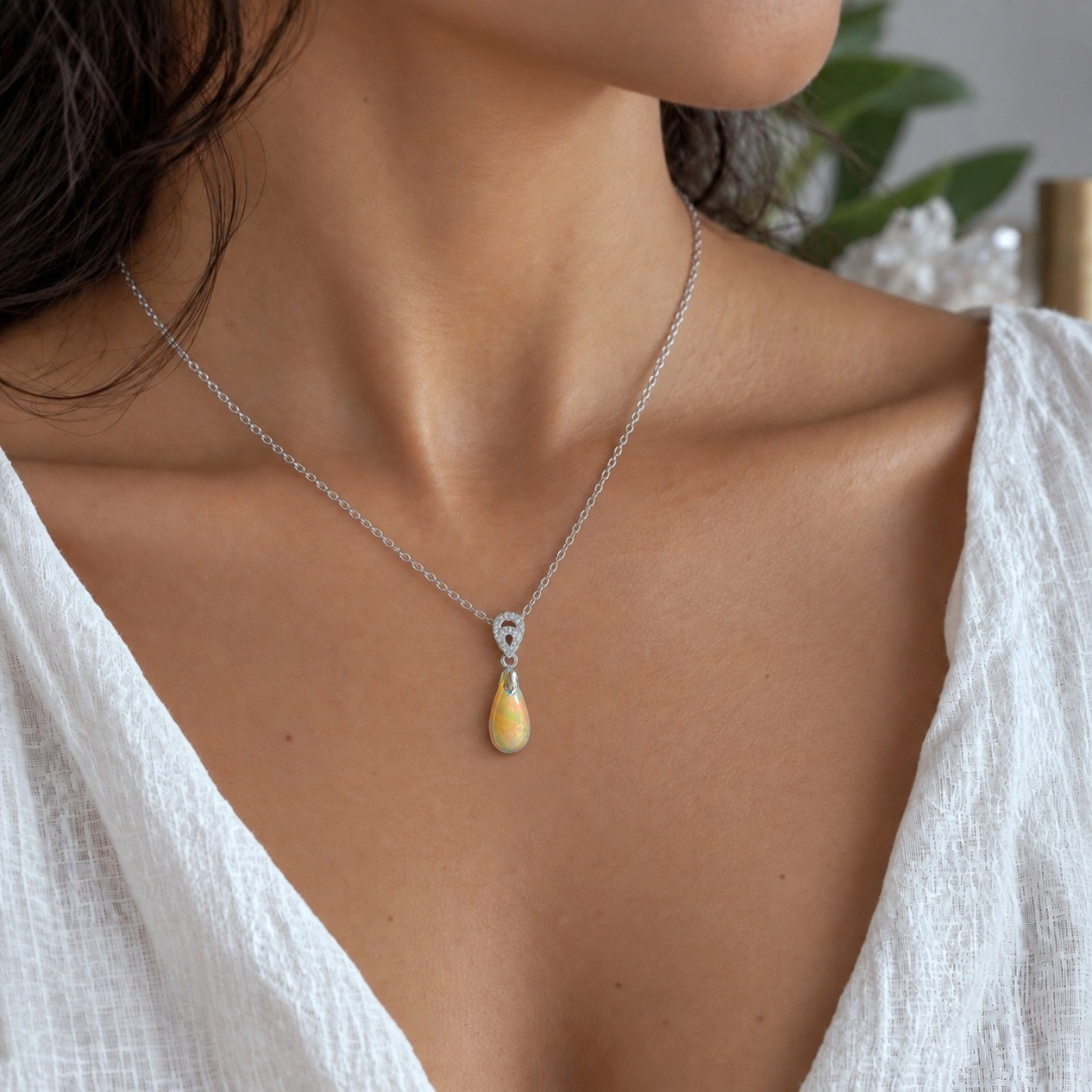 Natural Ethiopian Opal pendant worn on 18-inch chain
