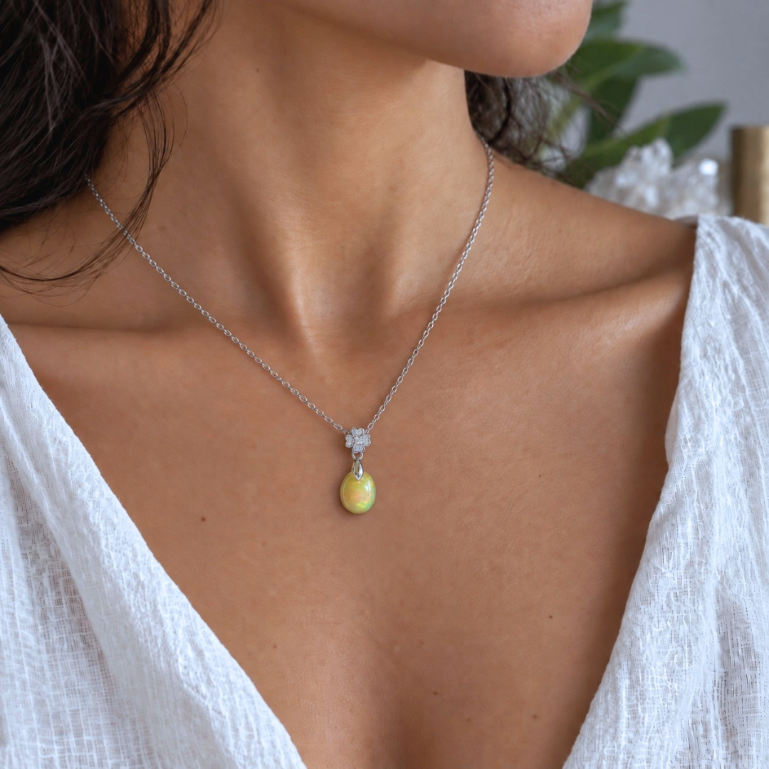 Natural Ethiopian Opal pendant 2 worn on 18-inch chain