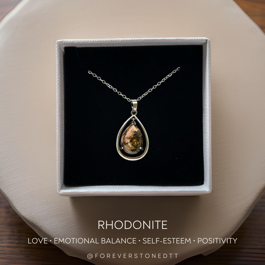 Rhodonite Double Teardrop Pendant Necklace