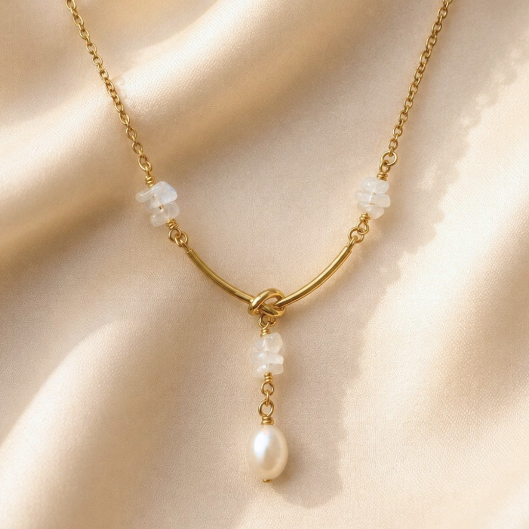 Moonstone & Pearl Lariat Pendant Necklace – June Birthstone