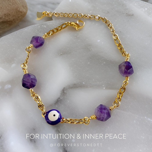 Purple Eye Evil and Amethyst Stainless Steel Bracelet