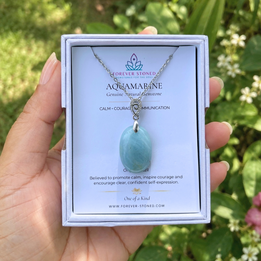 Natural Aquamarine Pendant No. 01 with stainless steel chain and gift box