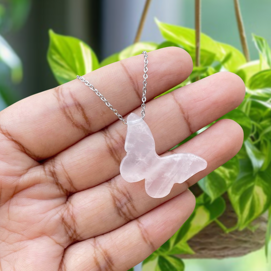 Rose Quartz Butterfly Pendant Necklace