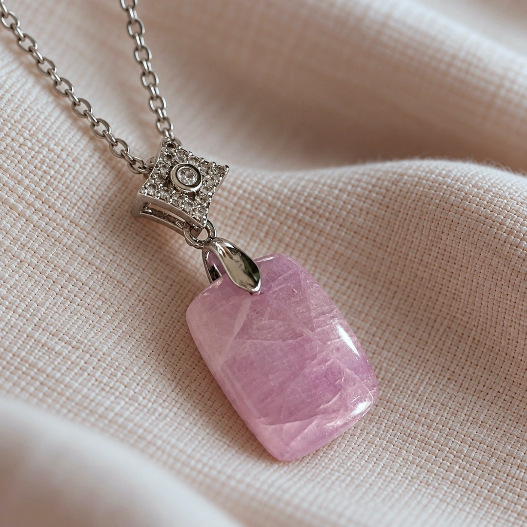 Close-up of natural Kunzite pendant showing pink colour and clarity
