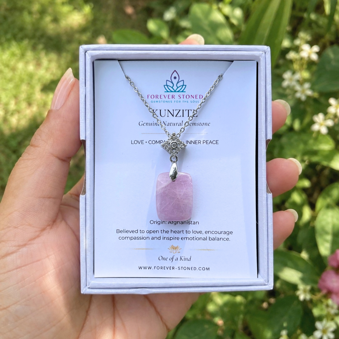 Natural Kunzite pendant in packaging