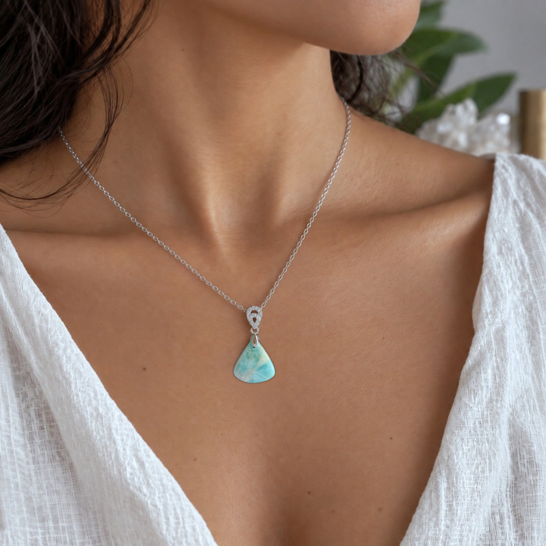 Natural Larimar pendant worn on 18-inch chain