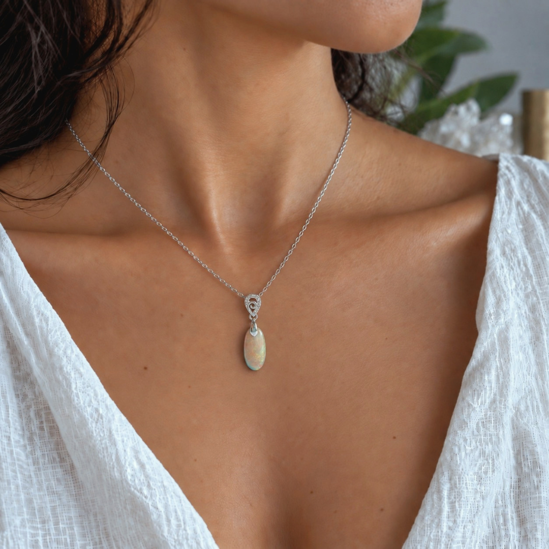 Natural Ethiopian Opal pendant 3 worn on 18-inch chain