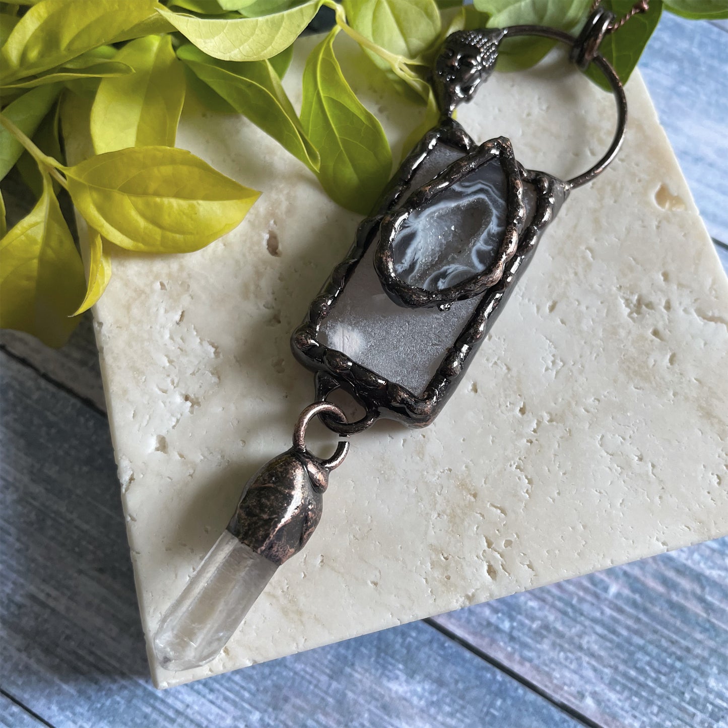 Druzy Agate and Clear Quartz Witchy Boho Amulet Necklace