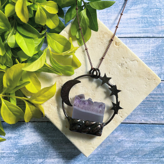 Druzy Amethyst Boho Celestial Amulet Necklace