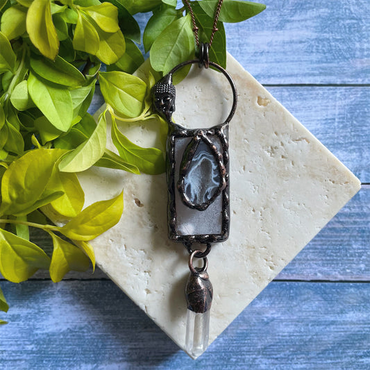 Druzy Agate and Clear Quartz Witchy Boho Amulet Necklace