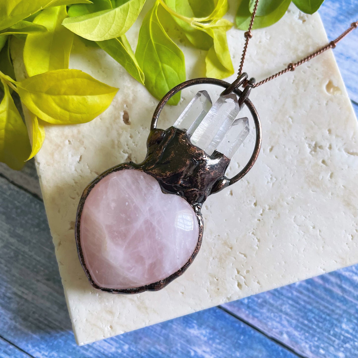 Rose Quartz and Clear Quartz Boho Amulet Necklace
